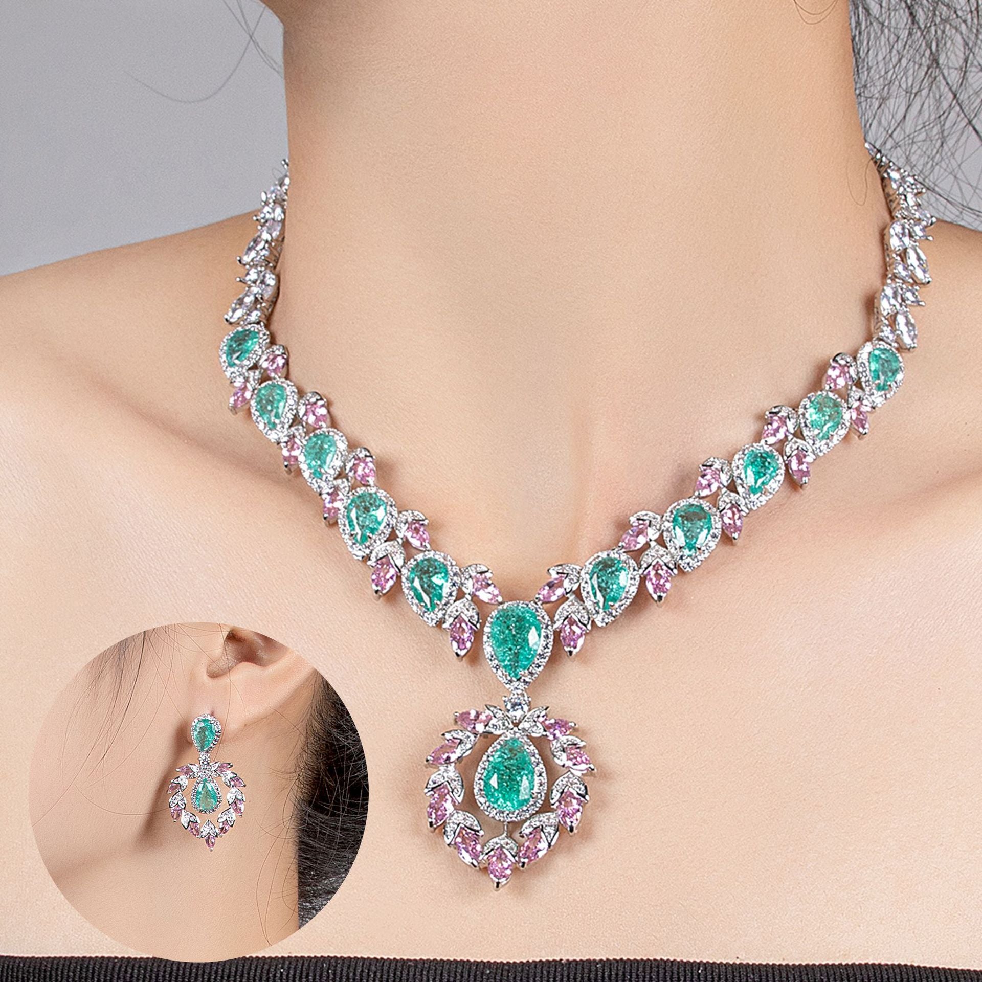 Bridal Dress Jewelry Set Zircon Water Drop Inlaid Multi-color Matching Middle Eastern Jewelry Necklace Earrings Jewelry