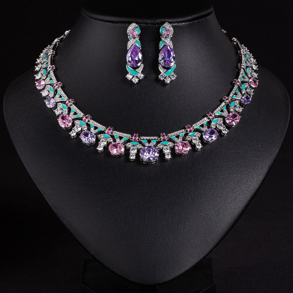 Cross-Border Same Style Necklace Irregular Pink Gem Luxurious Oil Drip Craft High-End Feel Women's Evening Collarbone Chain Jewelry for Women