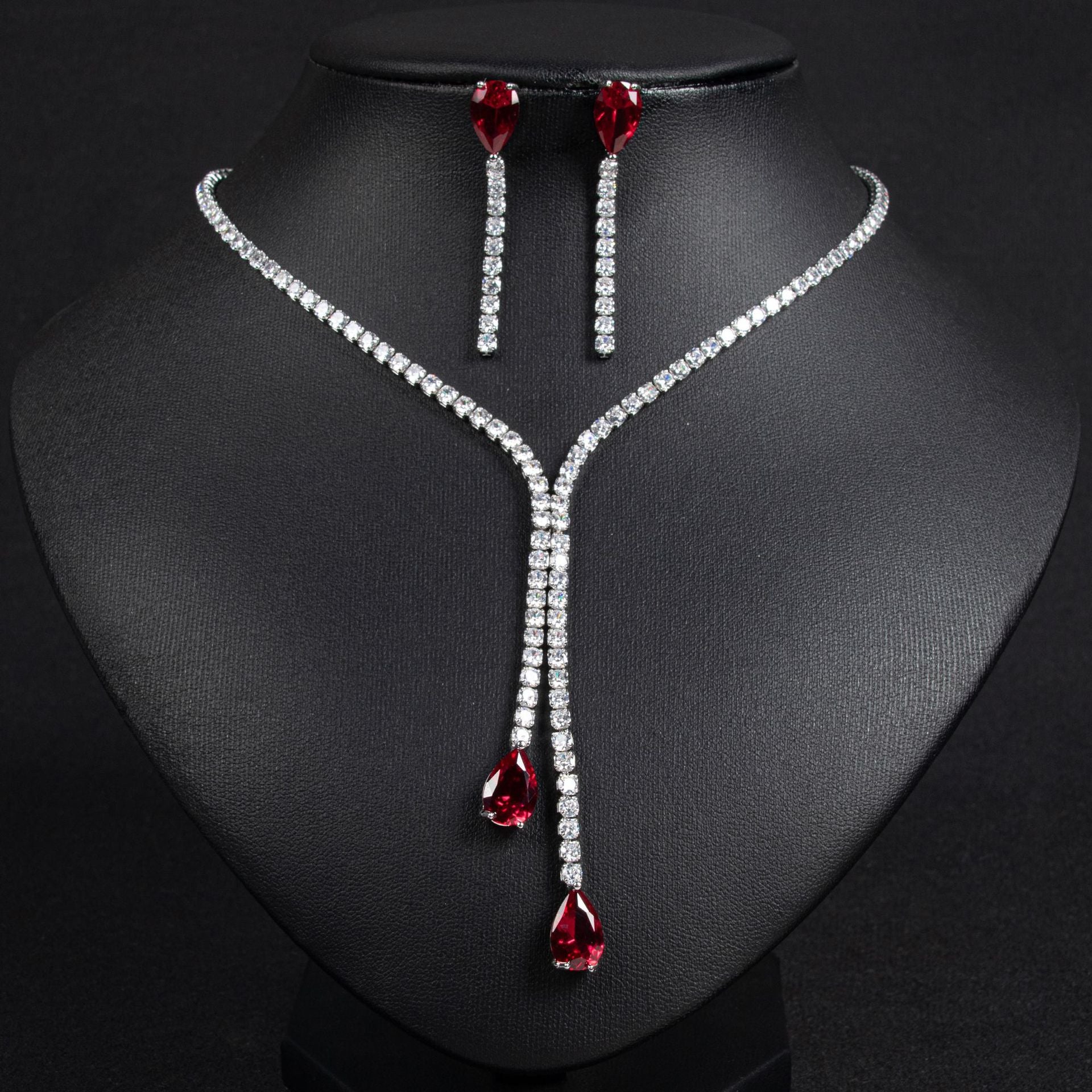 Cross-Border European and American Necklace Summer Women's High-End Light Luxury Water Drop Zircon Necklace Earring Set Natural Zircon Necklace