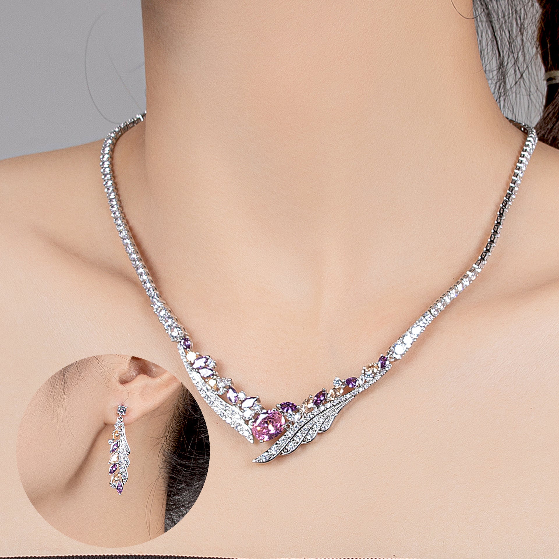 Women's Simple Angel Wings Banquet Zircon Full Diamond Necklace Earrings Pendant Set Bridal Wedding Dress Accessories