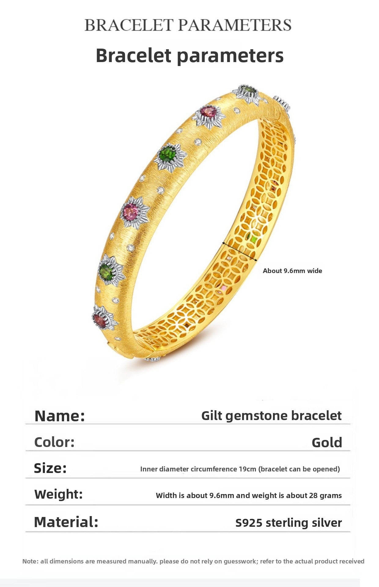 New Italian Craft Court Style Women's Brushed Bracelet Light Luxury Pure Silver Gold-Plated Gemstone High-End Niche Bracelet