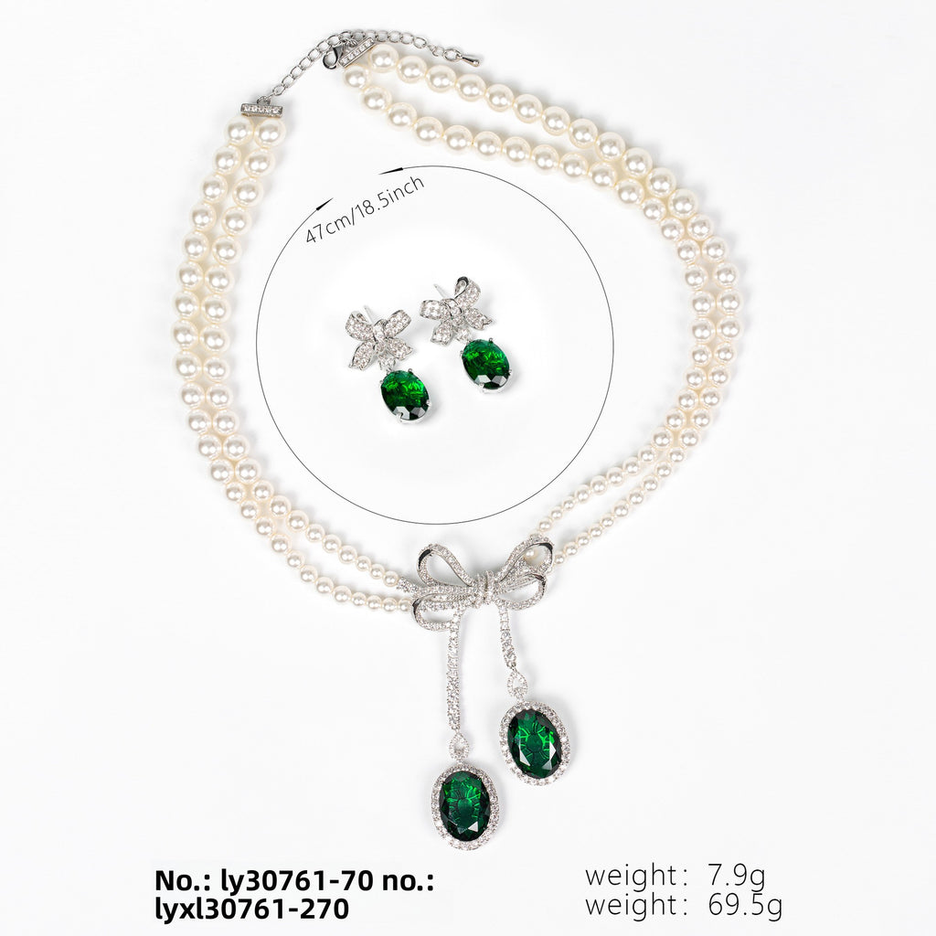 Pearl Inlaid Diamond Bow Necklace Earrings Fashion Light Luxury Design Sense Niche Collarbone Chain New Style Personality Jewelry for Women