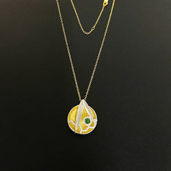 Italian Brushed Craft Vintage Relief 925 Silver Electroplated Silver Pendant Necklace Natural Ice Jade High-end Necklace