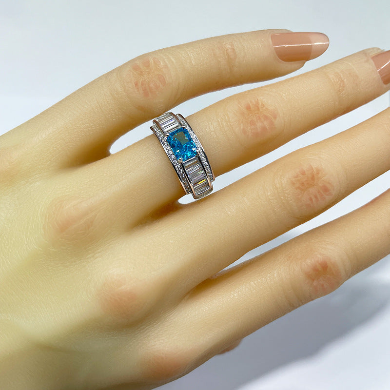 S925 Sterling Silver Ice Flower Cut Sapphire Ring Fine Craftsmanship Princess Cut Paraiba Zircon Ring for Women