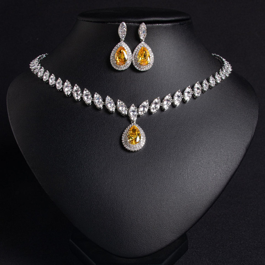 European and American Trend Bridal Set Water Drop Necklace TikTok Same Style Zircon Tassel Earrings Wedding Jewelry Accessories