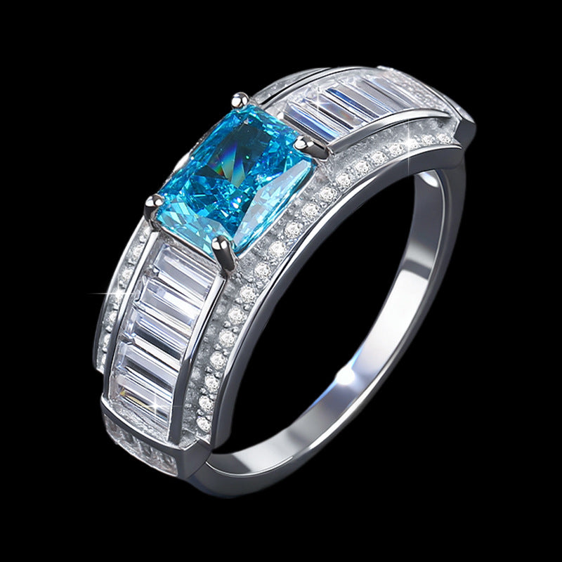 S925 Sterling Silver Ice Flower Cut Sapphire Ring Fine Craftsmanship Princess Cut Paraiba Zircon Ring for Women