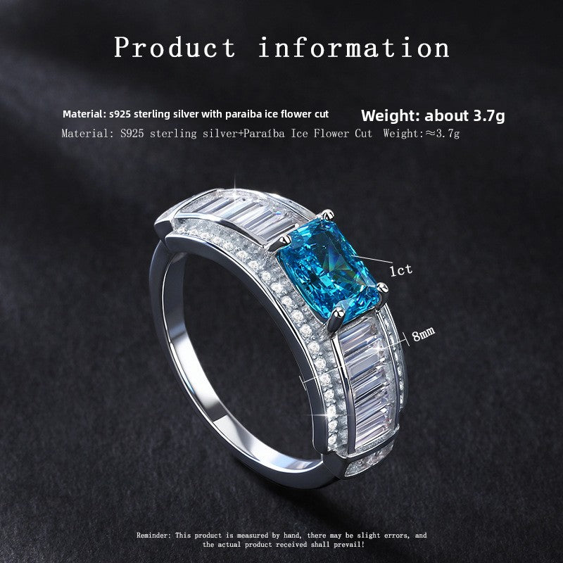 S925 Sterling Silver Ice Flower Cut Sapphire Ring Fine Craftsmanship Princess Cut Paraiba Zircon Ring for Women