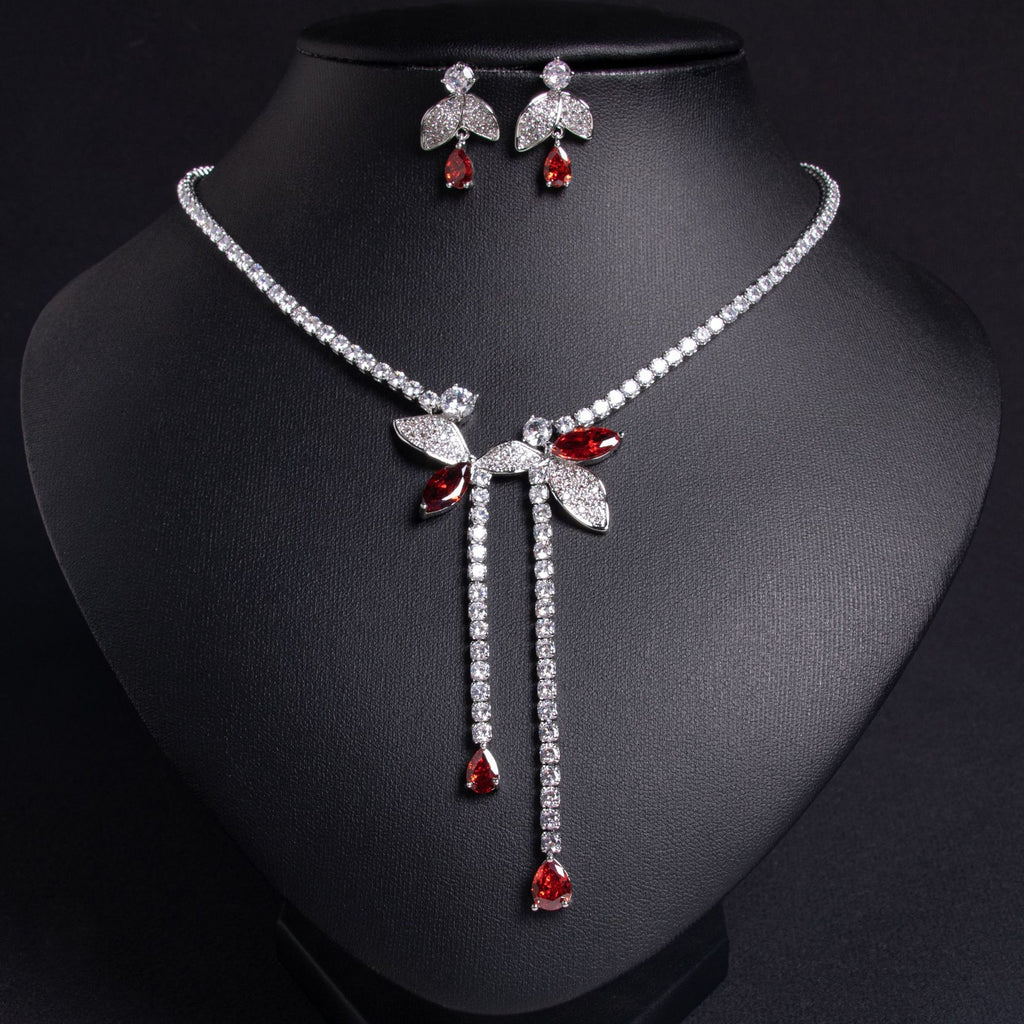Cross-Border Bride Banquet Casual Zircon Necklace Female Niche Flower Tassel Pendant Zircon Earrings Set Wholesale