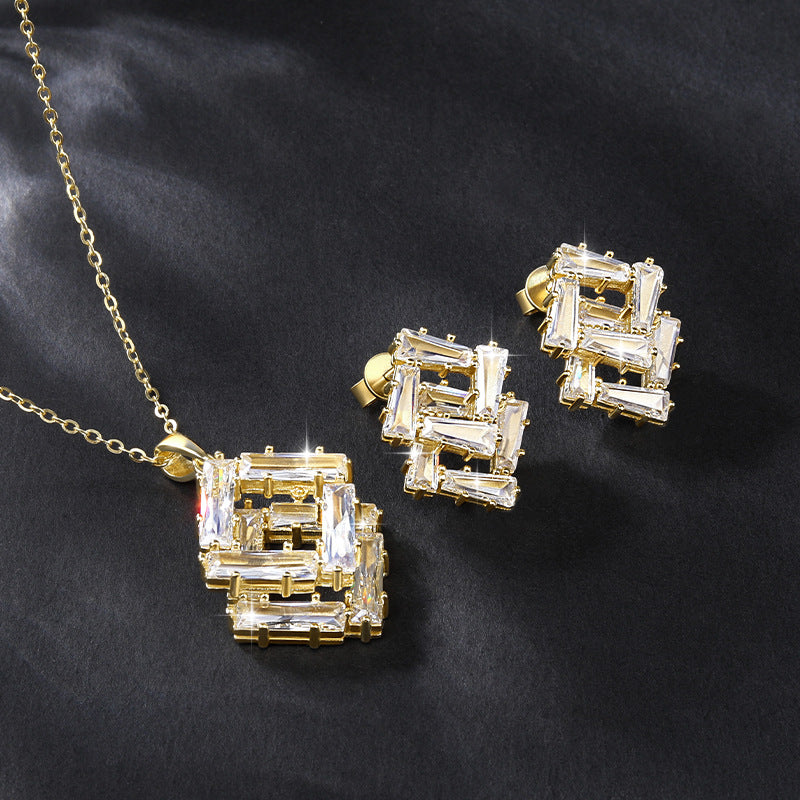 New In-Stock Zircon Geometric Earrings Necklace Set High-End Fashion Versatile Square Earrings Necklace