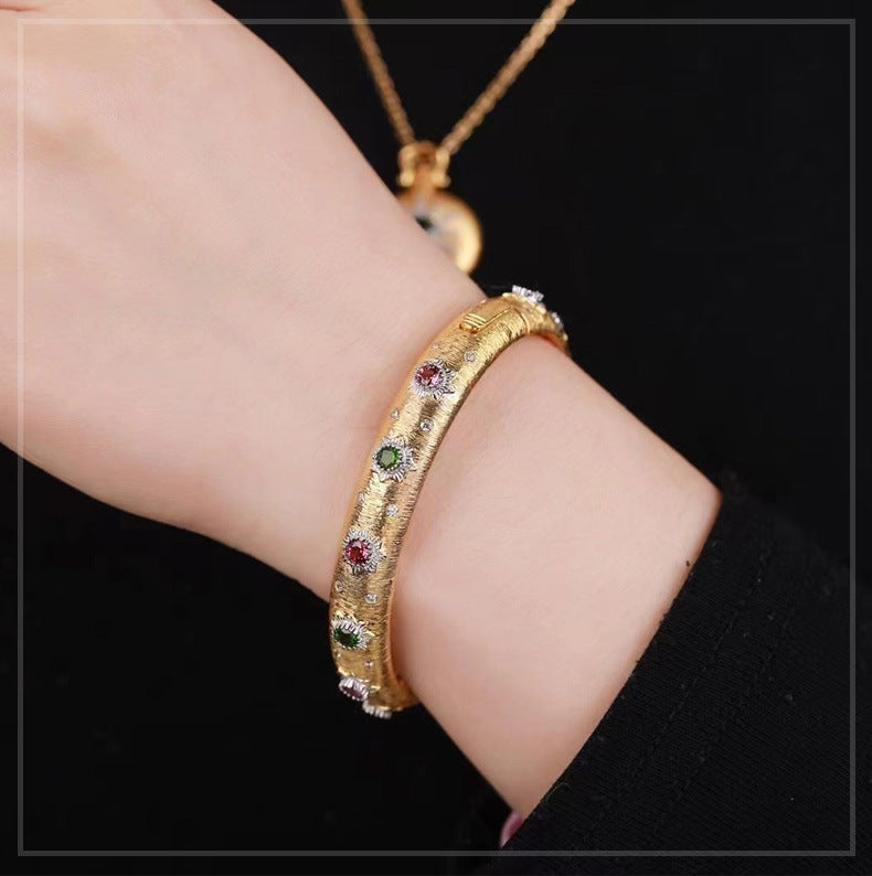 New Italian Craft Court Style Women's Brushed Bracelet Light Luxury Pure Silver Gold-Plated Gemstone High-End Niche Bracelet