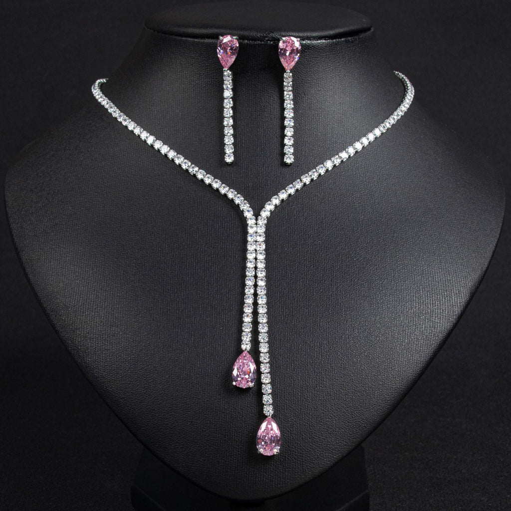 Cross-Border European and American Necklace Summer Women's High-End Light Luxury Water Drop Zircon Necklace Earring Set Natural Zircon Necklace