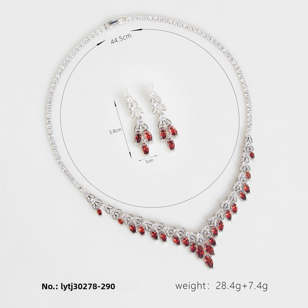 European and American Simple Luxury Bridal Zircon Set Elegant Necklace and Earrings Two-Piece Fashionable Banquet Wedding Accessories