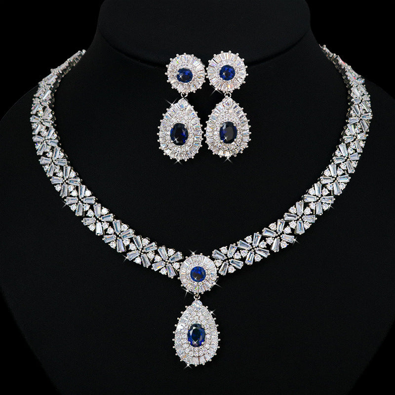 Classic 3A Zircon Water Drop Pendant Necklace Two-Piece Set Clip-On Earrings Without Piercing Bridal Jewelry Set