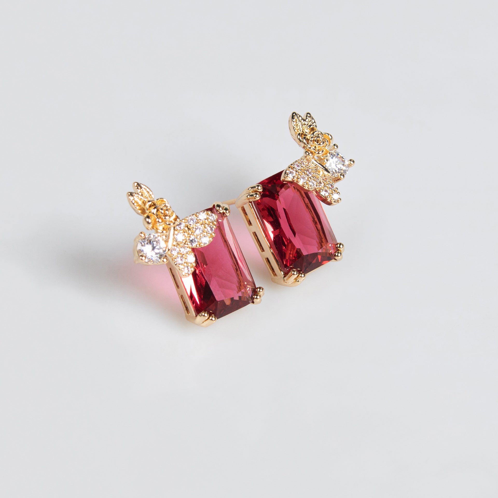 European and American New Style Ruby Necklace and Earring Set Simple Versatile Fashion Square Zircon Necklace Clavicle Chain Wholesale