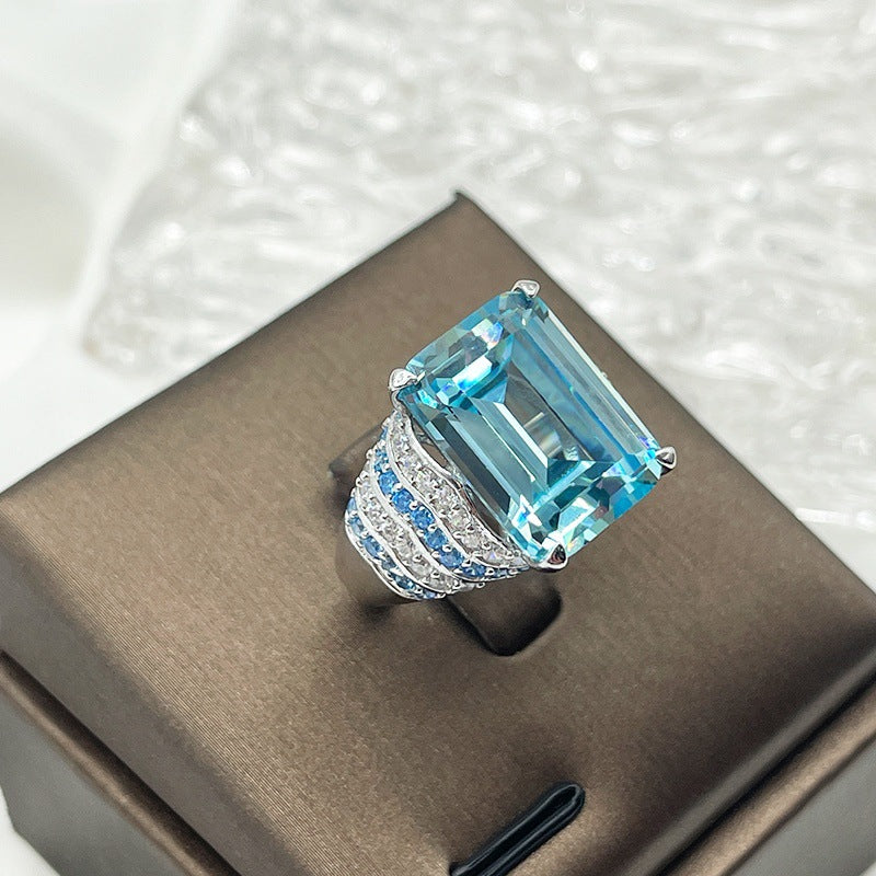 Sterling Silver 925 Large Luxury Diamond Zirconia Sapphire Ring Women's Sapphire Ring
