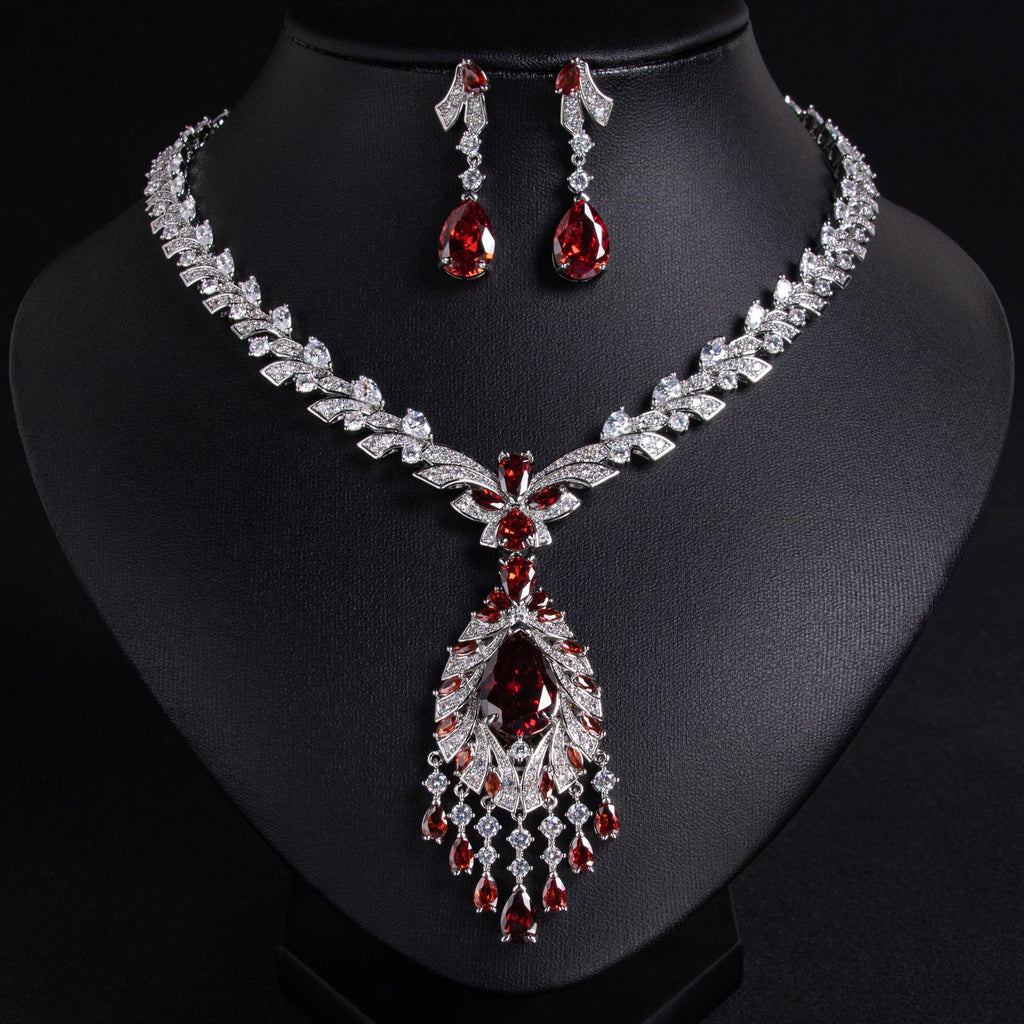 European and American Zircon Water Drop Zircon Necklace Light Luxury High-end Collarbone Chain Niche Fashion Earring Set Accessories Wholesale for Women