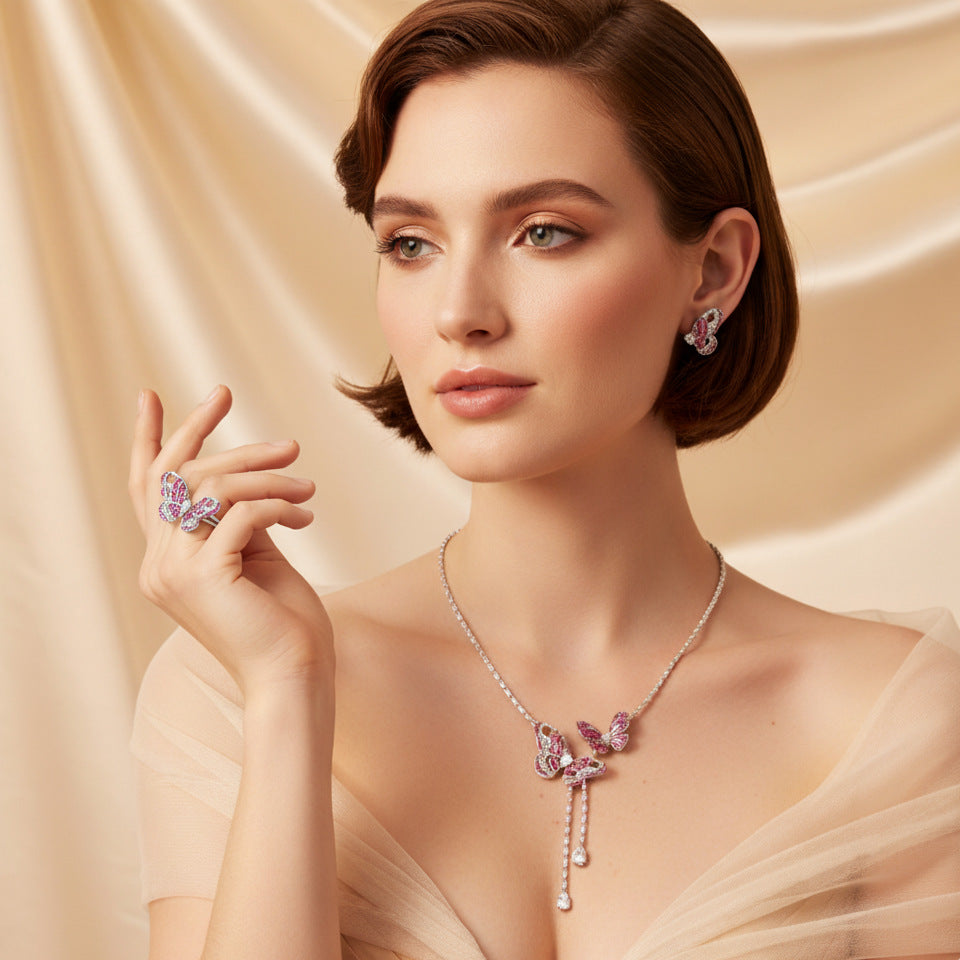 Cross-Border New Little Red Book Super Fairy Butterfly Tassel Necklace Light Luxury Butterfly Fairy Long Earrings Set Wholesale