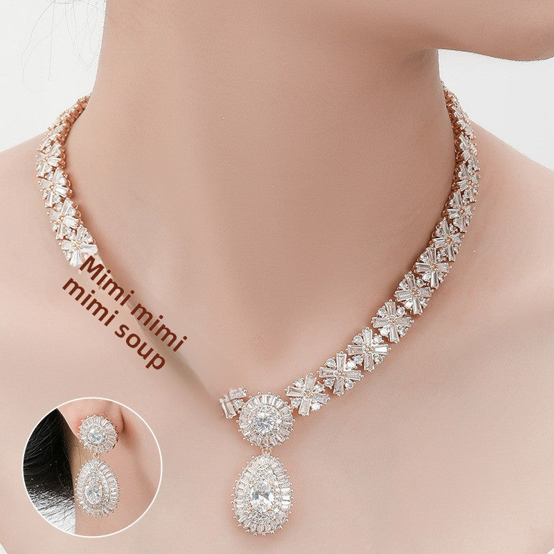 Classic 3A Zircon Water Drop Pendant Necklace Two-Piece Set Clip-On Earrings Without Piercing Bridal Jewelry Set