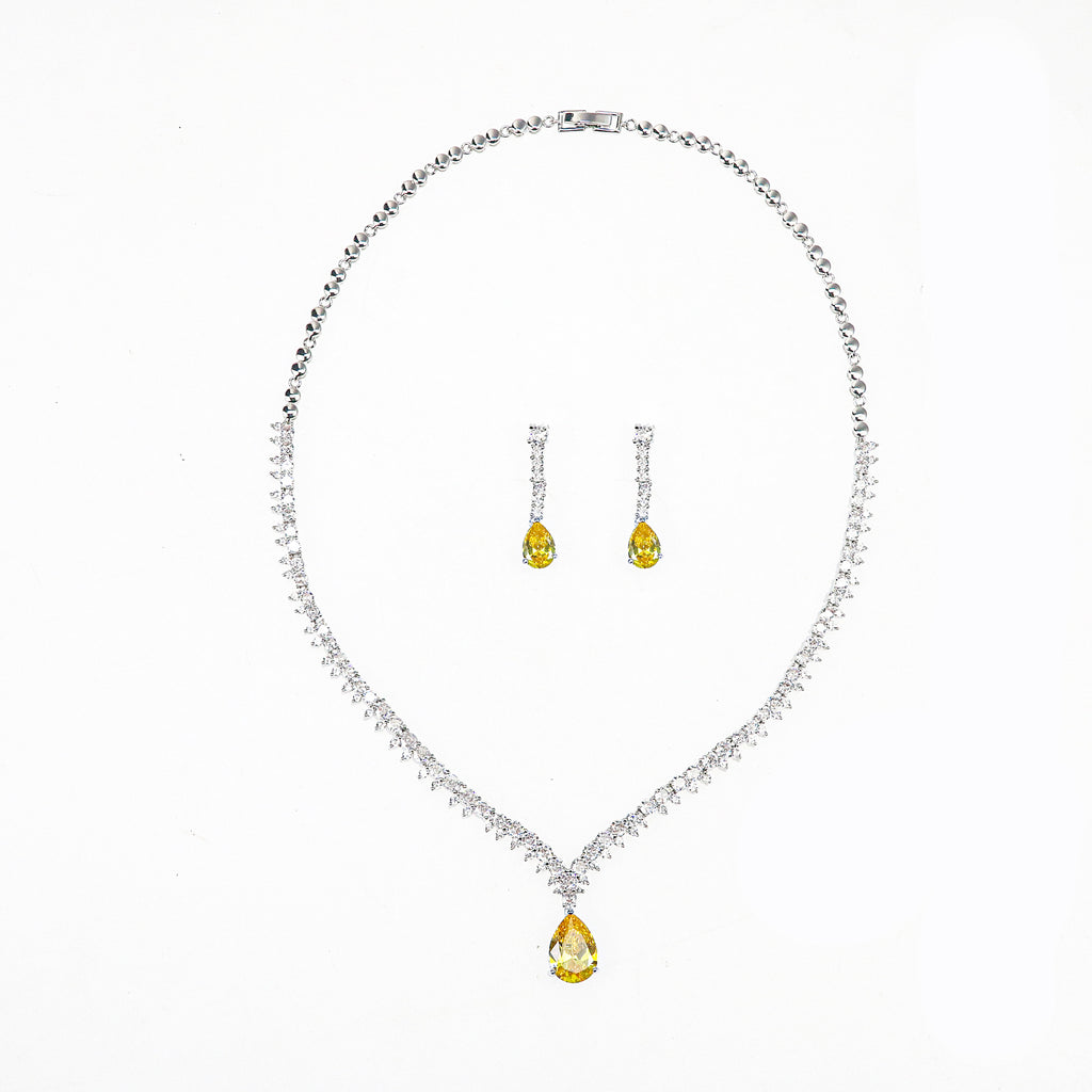 AliExpress Cross-Border Hot-Selling Korean Version 3A Water Drop Pendant Zircon Necklace Earrings Simple Casual Bride Jewelry Set