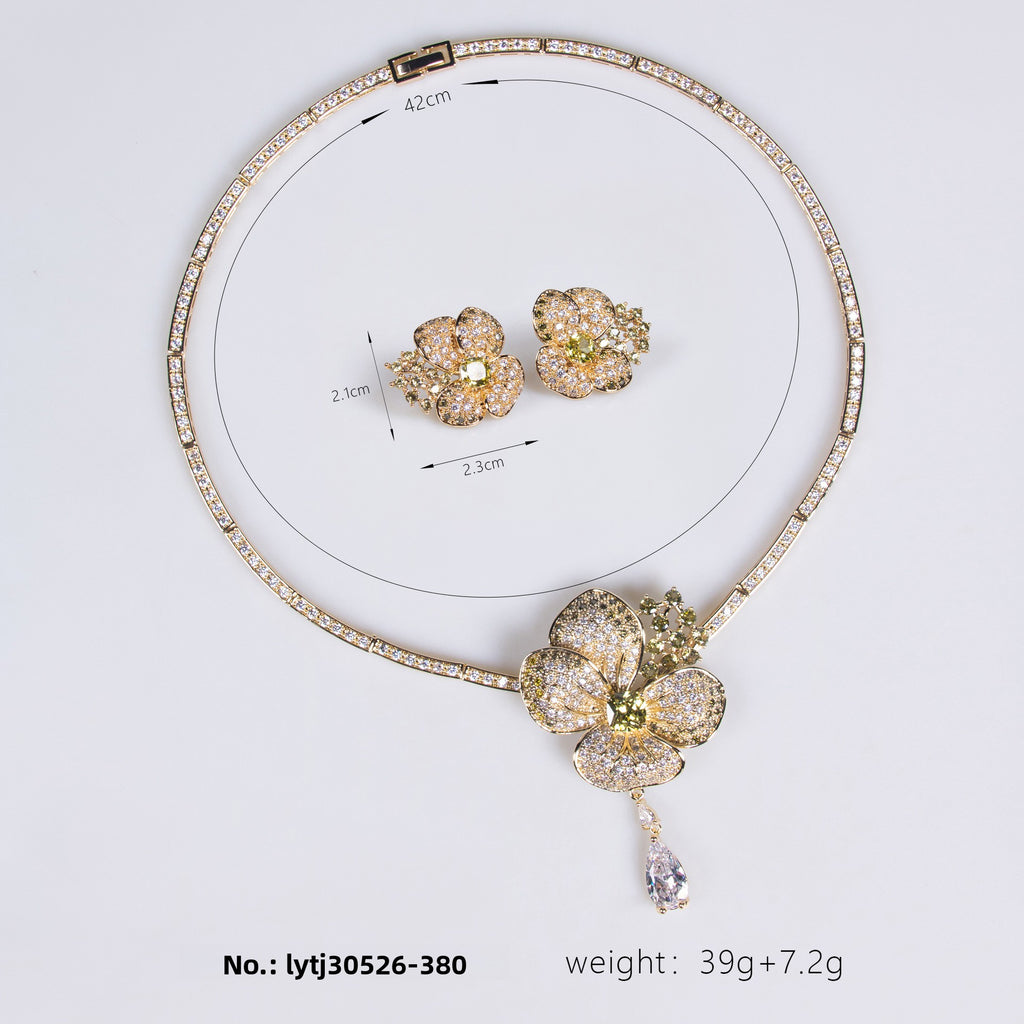 European and American Cross-Border Flower Zircon Necklace and Earring Set High-End Niche Luxury Bridal Dress Accessories Wholesale