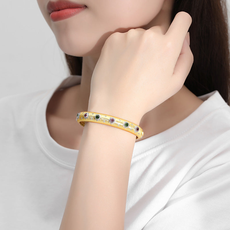 New Italian Craft Court Style Women's Brushed Bracelet Light Luxury Pure Silver Gold-Plated Gemstone High-End Niche Bracelet