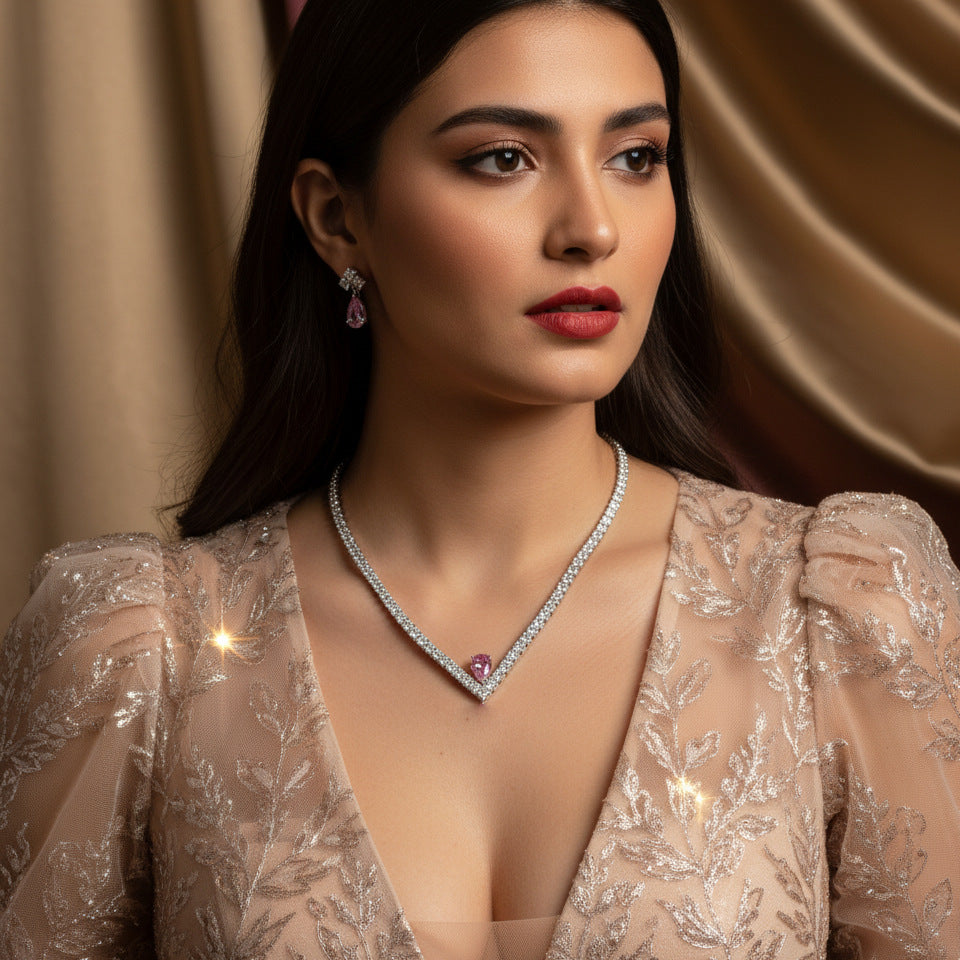 Elegant Simple Versatile Bridal Wedding Zircon Necklace Earring Set Wedding Dress Banquet Annual Meeting Ins Jewelry