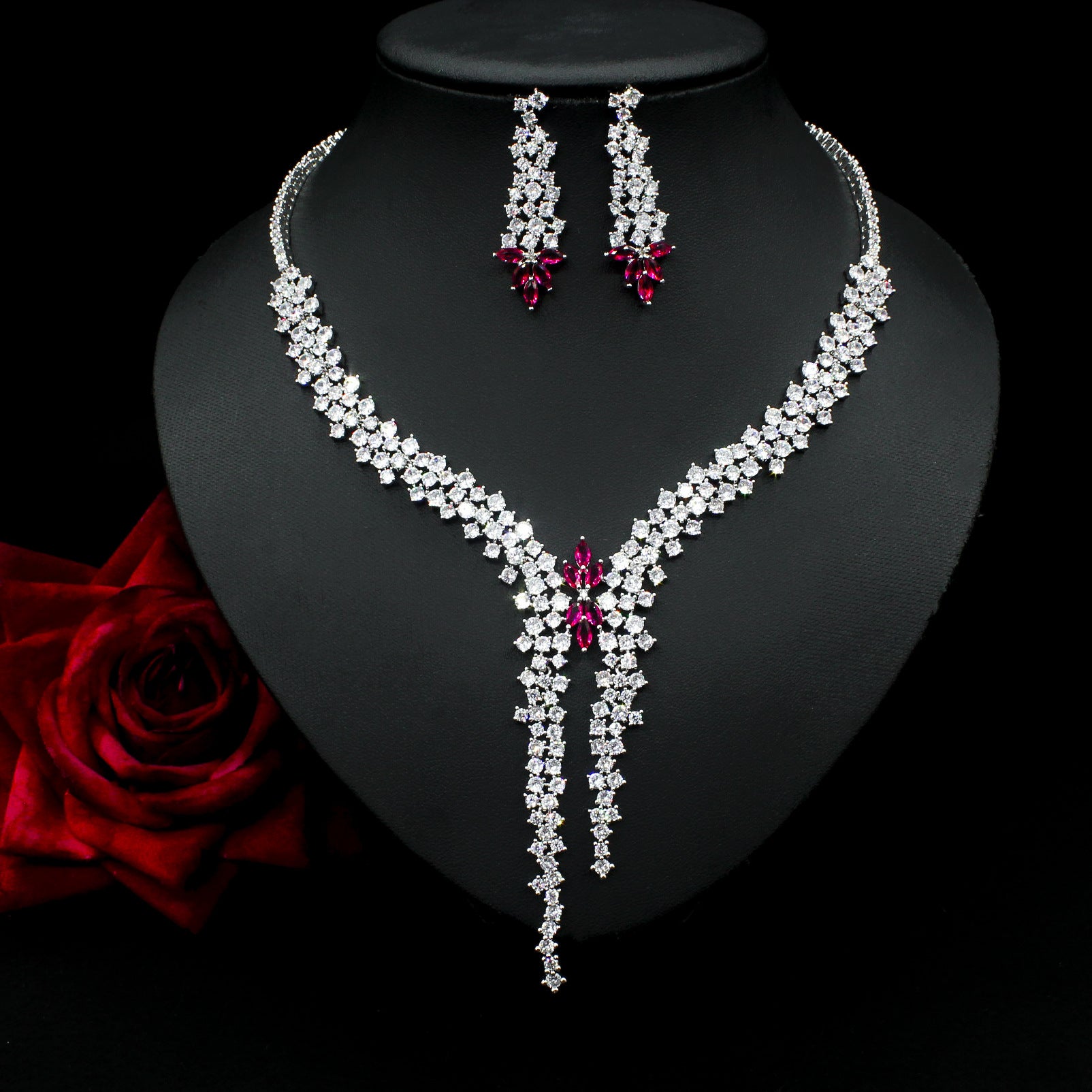 Internet Celebrity Hot-Selling Floral Zircon Necklace Earrings Inlaid with Diamonds Floral Long Pendant Exquisite Personality Sweet Set